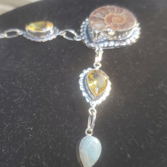 New Ammonite Fossil, Larimar and Citrine 925 Silver Necklace. - Picture 9 of 11